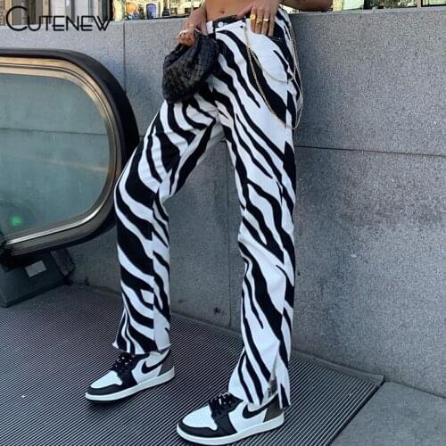 Cutenew Fashion Black White Striped Panelled Print Jeans Women Autumn Pocket Zipper Straight Trouser Casual Slim Lady Streetwear