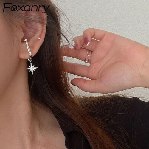 FOXANRY Prevent Allergy 925 Sterling Silver Drop Earrings for Women Trendy Elegant Sparkling Star Zircon Party Jewelry Ear Clip