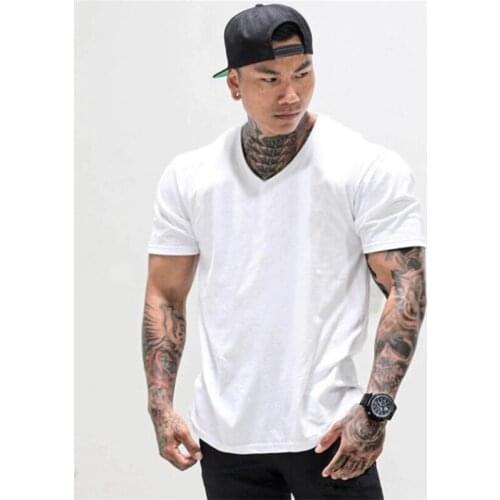Summer Gym T-shirt Mens Fitness V Neck Short Sleeve T shirt Cotton Fashion Slim Fit Sports Tshirt Workout Bodybuilding Clothing