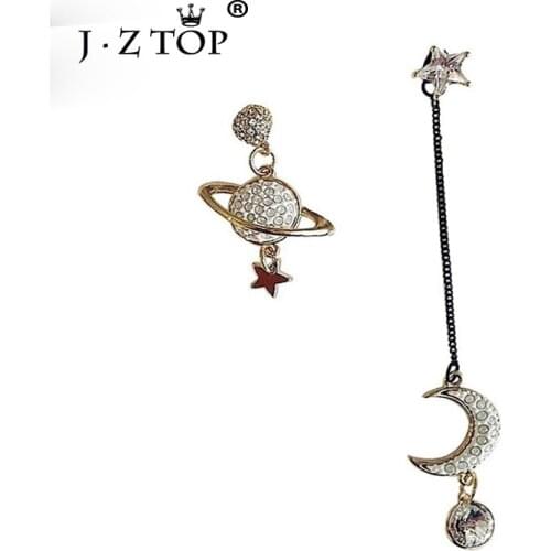 JZTOP Asymmetric Crystal Universe Star Moon Earrings Fashion Long Five Pointed Star Pendant Earrings For Woman Oorbellen Jewelry