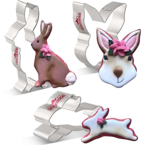 KENIAO Easter Cutters Set for Party - 3 Piece - Bunny Face,Bunny and Running Bunny Biscuit / Fondant Cutter - Stainless Steel