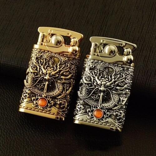 Brass luxurious Gold Dragon Relief Lighter Vintage Flint Grinding Wheel Kerosene Oil Gasoline Lighter Cigarette Gadgets For Man