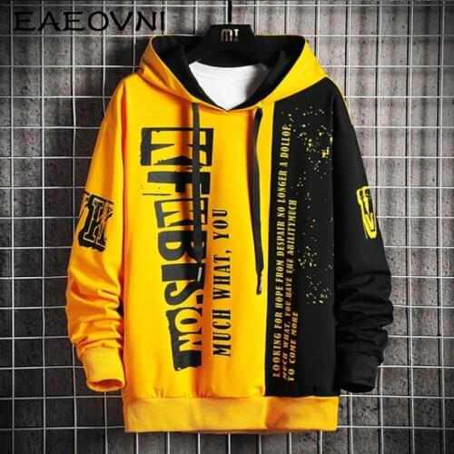 EAEOVNI Autumn Letter Printed Hoodie Mens Sweatshirt Casual Hip Hop Streetwear Loose Hoodies New Men Fashion Patchwork Tops