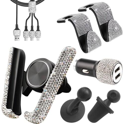 5PCS Bling Car Accessories Set Bling Rhinestone Kit w/ Dual USB Car Charger Air Vent Phone Mount 3 In 1 Charging Cable and Hooks