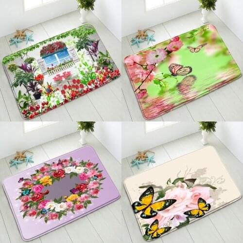 Anti-Slip Bath Mat Butterfly Flowers Green Leaves Plants Kitchen Bedroom Doormat Washable Carpet Absorbent Foot Mat Home Decor