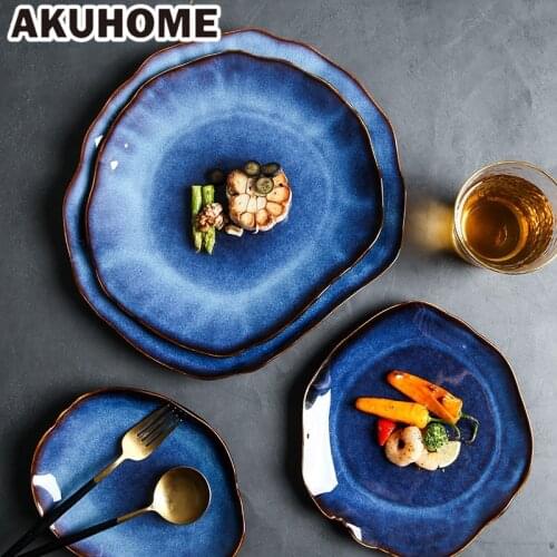 New Japanese Ceramic Plate Food Dish Deep Blue Irregular Flat Plate Pottery Dish Dinnerware Dishes Household Tableware