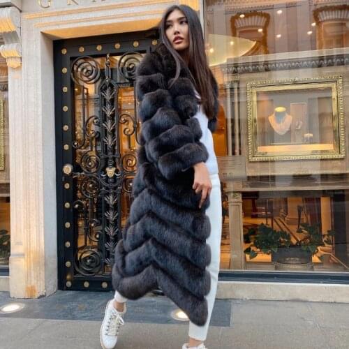 TOPFUR New 130 cm Long Coats Real Fox Fur And Ecological Furs Luxury Woman Coat Sable color Long Sleeve Warm Overcoat Women 2021