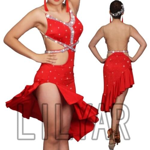 New Latin Dance Dress Competition Dress Costumes Skirt Performing Dress Sparkly Rhinestones Adult Customize Children