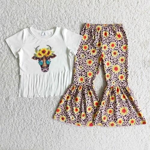 New Style Girl Fashion Tassel Top Match Bells Outfit Cow And Sunflowers Pattern 2Pieces Set Kids Spring Autumn Clothes