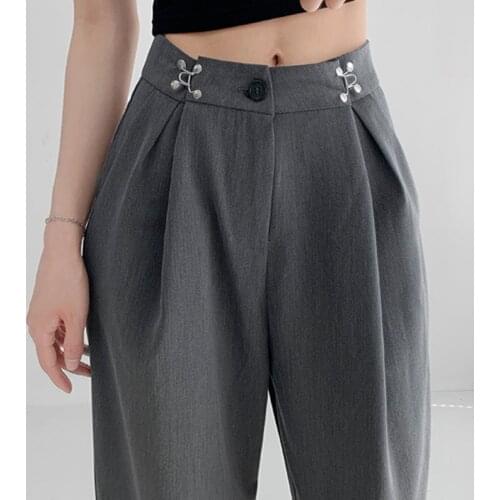 TVVOVVIN Solid Color All-match High Waist Straight Trouser Korean Style Metal Hook Commute Casual Pants Women SEGO