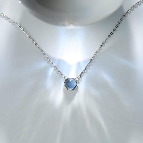 Blue Zircon Round Pendant Necklaces Silver Plated Cats Eye Stone Necklaces For Women Girl Wedding Minimalist Jewelry