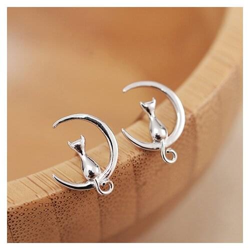 Real 925 Sterling Silver moon cat Stud Earrings for Women Girls Fashion sterling-silver-jewelry brincos brinco