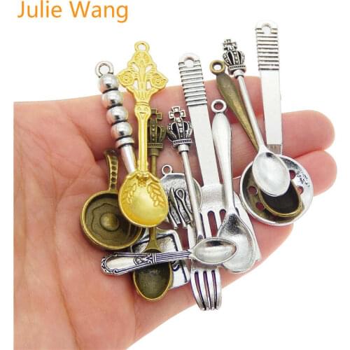 Julie Wang 12PCS Mixed Spoon Cooking Shovel Saucepan Fork Charms Alloy Tableware Bracelet Jewelry Making Pendant Metal Accessory