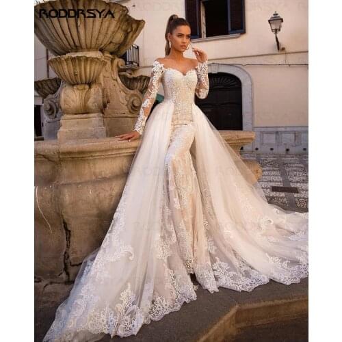 RODDRSYA 2021 Sexy Champagne Mermaid Wedding Dresses Sweetheart Off Shoulder Illusion Neck Lace Appliques Tulle Detachable Train