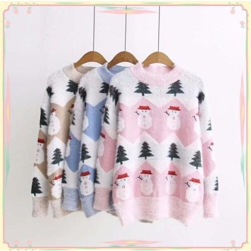 Round Neck Japanese Small Fresh Knitted Sweater Female Loose Long Sleeve Cartoon Printed Sweater Pullover Women Spring Autumn