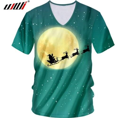 UJWI Man 3D Printed Santa Claus And Elk Christmas Round Moon Landscape Clothing Best Selling Spandex V Neck Tshirt