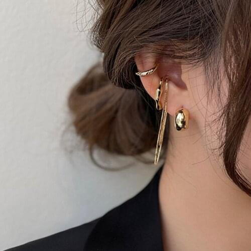 Unique Design 4 Pieces Irregular Geometric Metallic Tassel Clip Earrings for Women Brass Gold Chains Clip Earrings Set Jewellery