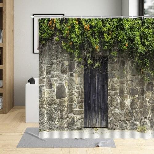 Vintage Old Wooden Door Shower Curtain Retro Stone Wall Wood Board Grain Green Plant Pattern Bathroom Deco Polyester Curtain Set