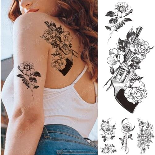Waterproof Temporary Tattoo Stickers Peony Rose Flower Gun Flash Tattoos Female Black Sketch Body Art Arm Sexy Fake Tatto Male