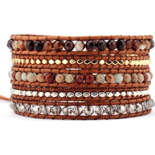Top Quality Mix Natural Stone Onyx Crystal 5 Layered Leather Wrap Bracelets Multilayer Weaving Beaded Bracelets Handmade