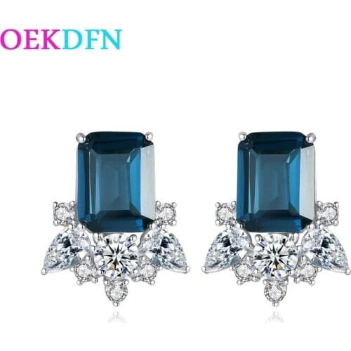 OEKDFN Luxury 925 Sterling Silver Earrings Created Moissanite Sapphire Gemstone Birthstone Earrings Ear Studs Women Fine Jewelry
