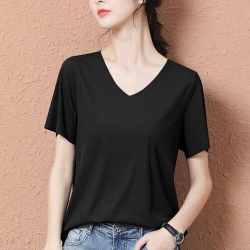 Womens Tops and Blouses Ice Silk Women Shirts Plus Size Korean Fashion Clothing Women Blouses Short Sleeve V-Neck Solid Color
