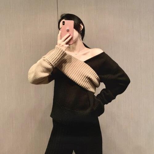 2021 Spring Autumn Fashion Vintage Strapless Sexy Pullover Women Contrast Color Thickened Lazy Style Female Knitted Sweater M580