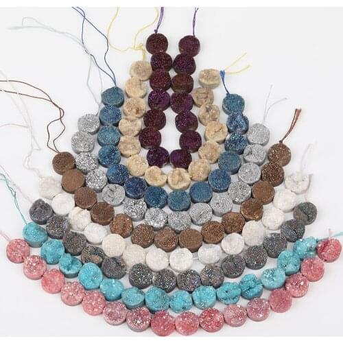14PCS/Strand.14mm Middle Drilled Titanium Rainbow Natural Druzy Geode Agates Round Charms Beads Pendant Strand XFX-166AMEE