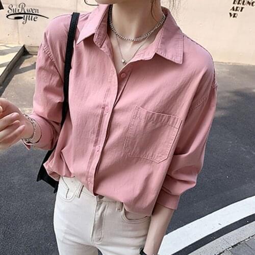 2020 Spring Autumn Tops Oversized Femme Casual Loose Women Blouses Shirts Minimalist Single-breasted Female Pink Shirts 11878