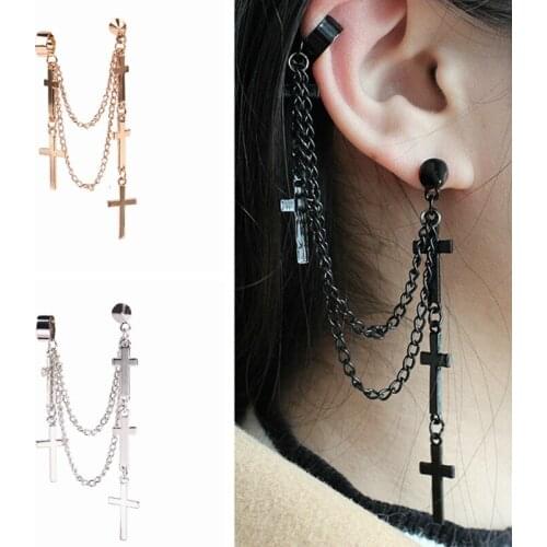 2021 new fashion personality punk cross fringed earclip earrings