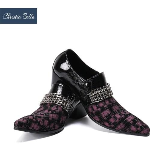 Christia Bella Fashion Big Size Male Pointed Toe Shoes Purple Grid Genuine Leather Mens Party Shoes Men Dress Heighten Shoes