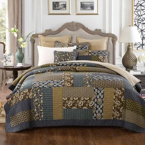 CHAUSUB Patchwork Quilt Set 3pcs Vintage Handmade Cotton Bedspreads for Bed Pillowcase King Queen Size Quilted Blanket