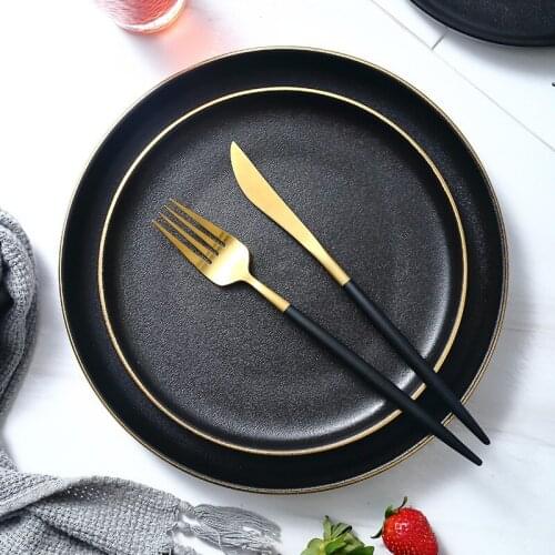 Frosted Black Ceramic Dinner Plate Home Dessert Salad Plate Golden Border Round Steak Western Dinner Plate Kitchen Utensils Tool