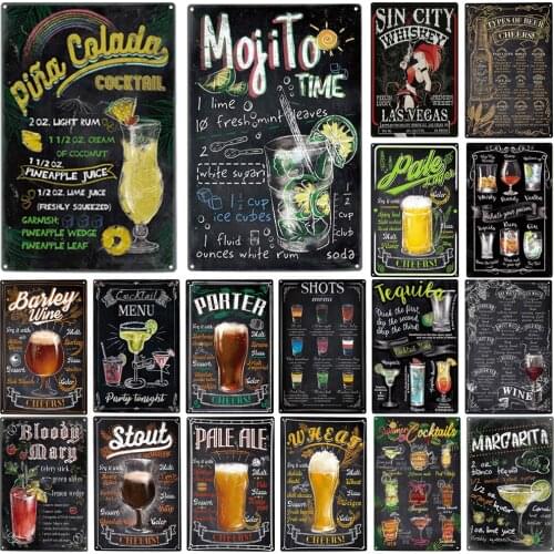 Cocktail Metal Poster Beer Vintage Tin Signs Mojito Metal Plaque Decor Bar Caffee Restaurant Wall Art Plates 20×30cm