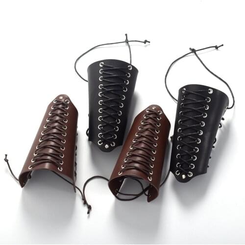 Mens Leather Wide Cuff Wrap Gauntlet Wristband Lace-up Fastening Arm Armor Cuff Adjustable