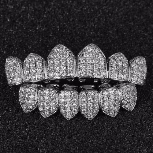 Hip Hop Micro Paved Cubic Zirconia Bling Iced Out Teeth Grillzs Top Bottom Set Dental Grills Men Jewelry Gold Silver Color
