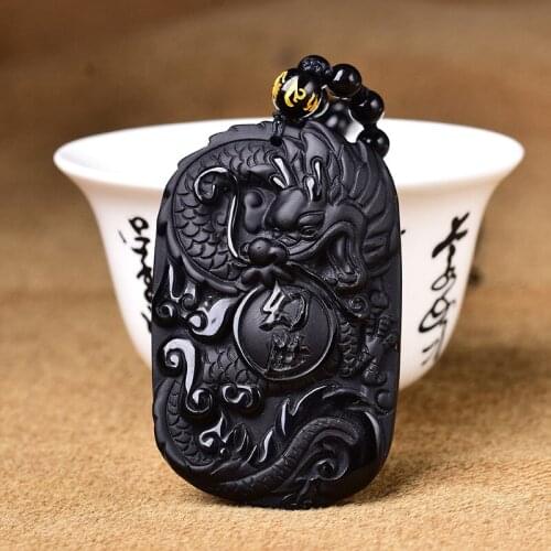 Natural Black Obsidian Stone Pendant Carved Dragon Dancing Universal Magic World Dragon Pendant Necklace Men crystal Jewelry