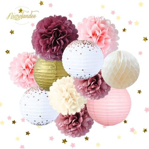 NICROLANDEE 12Pcs/Set Paper Honeycomb Ball Lantern PomPom Wedding Birthday Party Decoration Valentines Day DIY Decorative Flower
