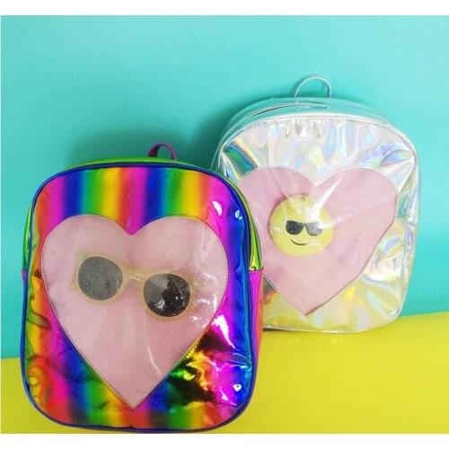 Rainbow Laser Backpack Silver Transparent Love Heart Backpack For Teenager Girls School Bag Women Rucksack