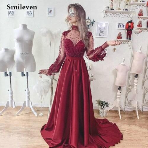 Smileven Puff Sleeve Evening Dresses 2020 A-Line High Neck Beaded Pearls Elegant Sexy Party Gowns Robe De Soiree Prom Dresses