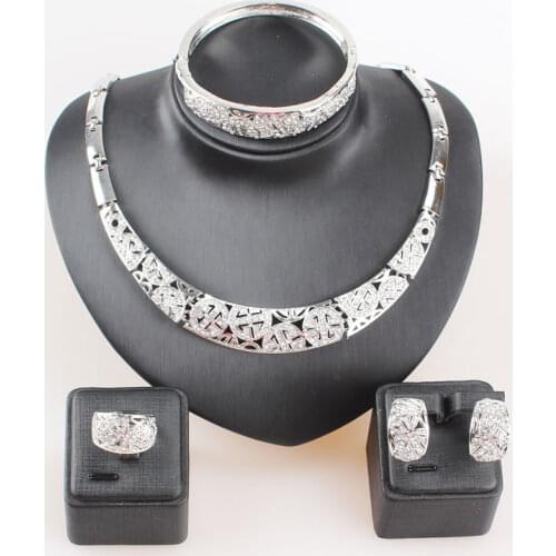 Wedding Silver Plated Crystal Necklace For Women African Beads Bridal Ring Bangle Earring Accessories Jewelry Set
