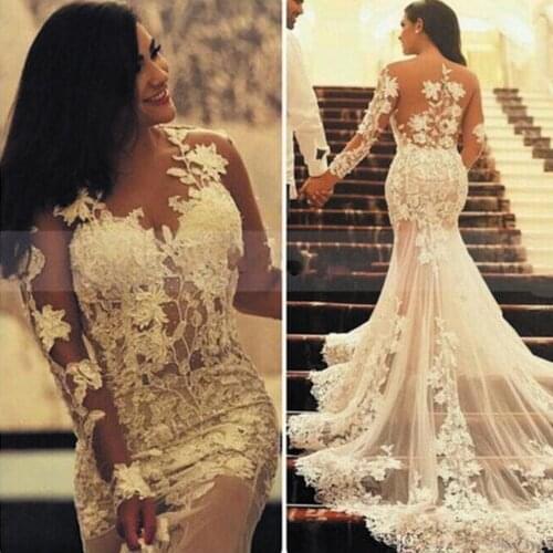 SuperKimJo Vestidos De Fiesta Lace Applique Mermaid Evening Dresses Long Sleeve Elegant Sexy Formal Dresses Vestidos Elegantes