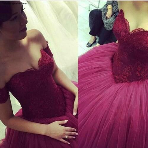 Vintage Burgundy Wedding Dress Puffy Ball Gown Off Shoulder Lace Long Dream Princess Bridal Party Gown