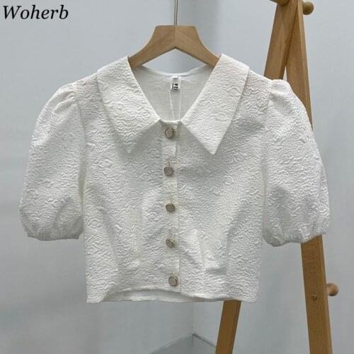 Woherb 2021 Chic Korean Short Puff Sleeve Women Blouses Shirts Single-breasted Tops Elegant Fashion Blusas Vintage Tops Blouse