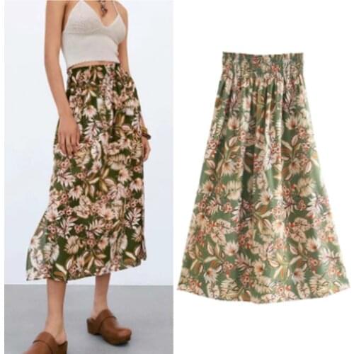 Summer Womens Elastic High waist Skirt Za 2021 Midi Skirts Printing Side Split Design Loose Streetwear Elegant Female Bottom