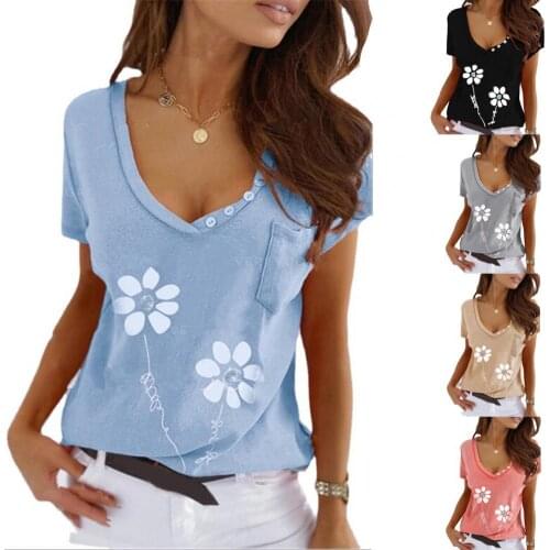 Summer T-shirt Elegant Floral Print Cotton Blouse Women V Neck Short Sleeve Buttons Top with Pocket Plus Size Ladies Casual Top