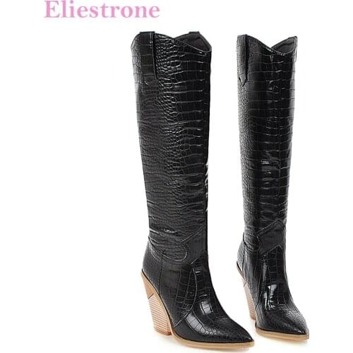 Brand New Comfortable Black White Women Knee High Dress Boots High Heels Lady Party Shoes LY10 Plus Big Size 10 43 45 48