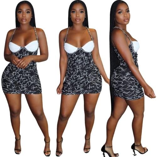 Sexy Bra Sling Mini Dress with Rhinestones Women Backless Patchwork Bodycon Dresses Fashion Printed Summer Y2k Clothes Clubwear