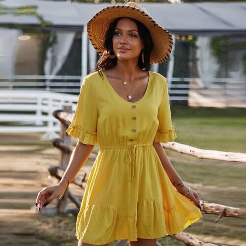 Nice Summer Solid Ruffles Womans Dress V-Neck Short Sleeve Elegant Ladies Dresses Lace Up Female A-Line Mini Dress with Buttons