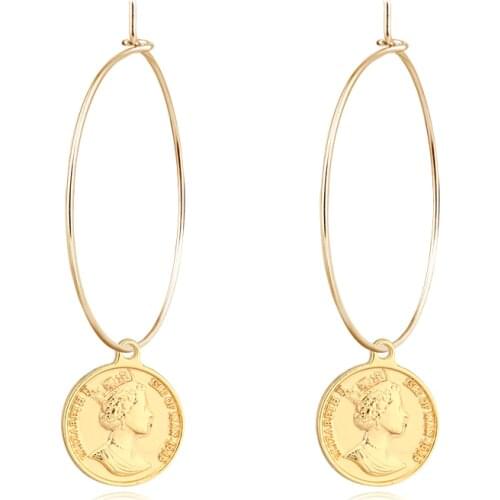 1 Pair European Retro Trend exaggeration Coin Pendant Hoop Earrings Gold Metal Color Engraving Humanity Coin Earrings E545-T2-1